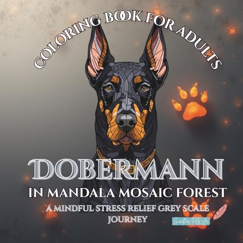 Dobermann in Mandala Mosaic Forest: a mindful stress relief grey scale journey