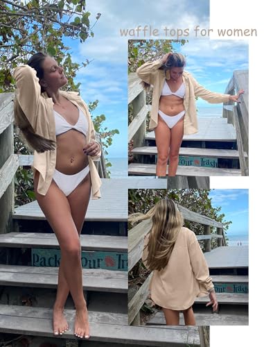 HOTOUCH Waffle Button Down Shirts for Women Dressy Casual Work Shacket V Neck Long Sleeve Lightweight Tops with Pocket2