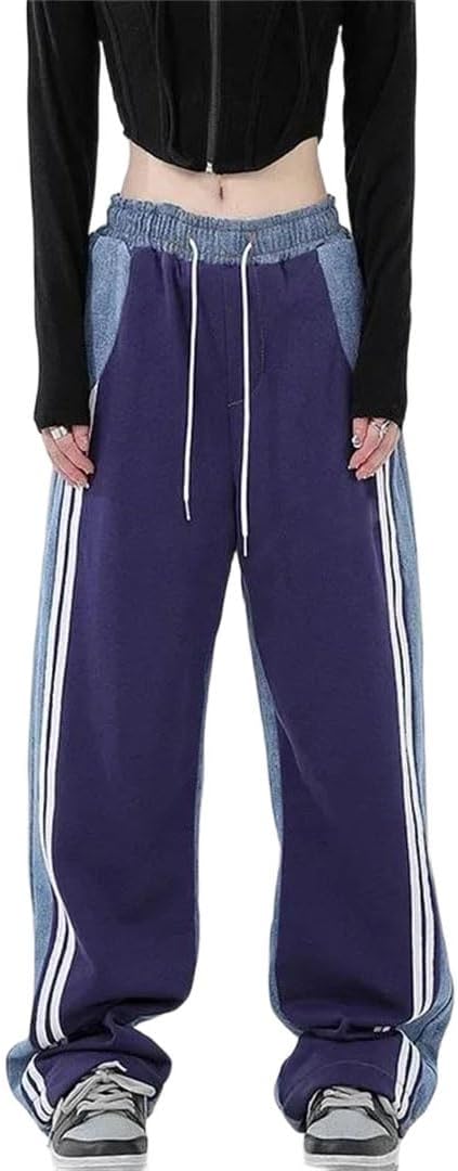 Women’S Jeans Patchwork Wide Leg High Waist Sporty Denim Trousers Autumn Casual Loose Dance Pants