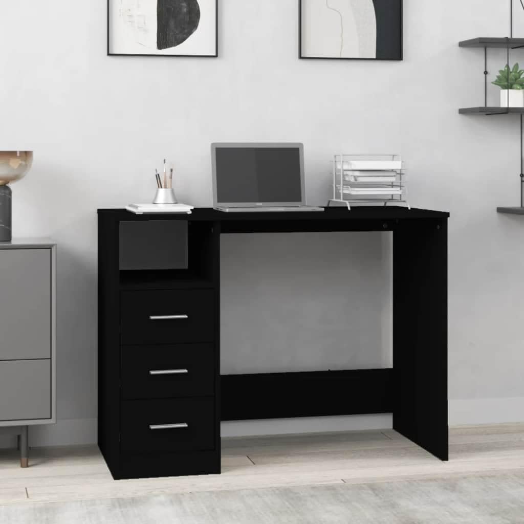 Scrivania con cassetti, colore nero, 102 x 50 x 76 cm, in legno, tavolo da lavoro per computer, scrivania da ufficio, segretario, postazione di lavoro, ufficio, studio