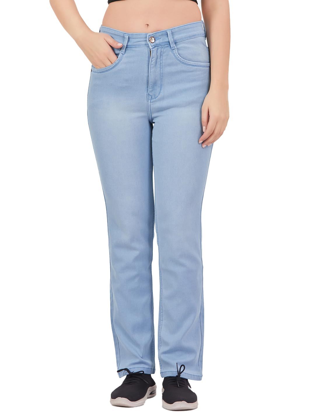 Stretchable Denim High Rise Straight Fit Full Length Classic Jeans for Women-image-32
