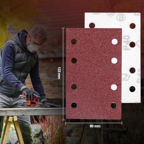 Sruhrak 80x133mm Schleifpapier, 50 Stück Schleifblatt 40/60/80/120/240 Körnung Schleifblätter Set Rechteckiges Schleifblatt Klett 8 Löcher Schleifpad für Schwingschleifer