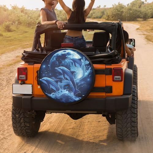Image of Delerain Dolphin Moon Spare Tire Cover for RV Trailer SUV Truck and Many Vehicle, Wheel Covers Sun Protector Waterproof (15 Inch for Diameter 27 inch-29 inch)