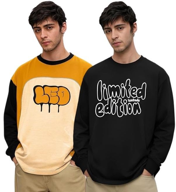 Image of LEOTUDE Oversized Full Sleeve Cottonblend Graphic Printed Round Neck Drop Shoulder Tshirt for Man (Color Mustard)