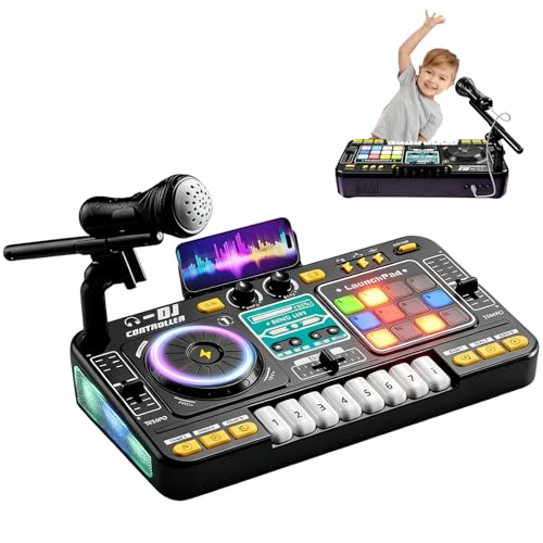 Table de mixage DJ pour enfants 3-12 ans, DJ Mixer Controller pour enfant Platines DJ Musicale avec 100+ effets sonores, micro, Lumières kit de mixage DJ...