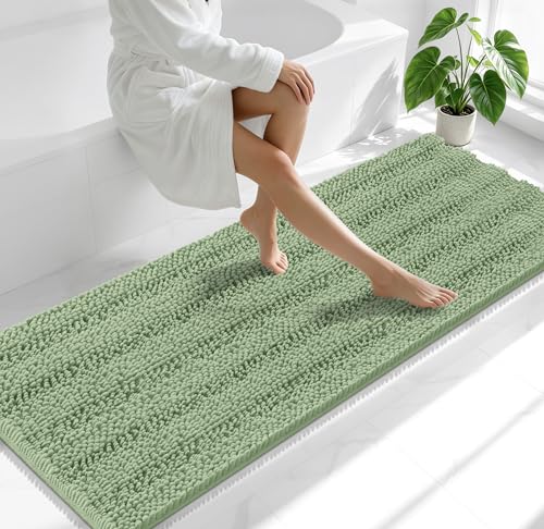Image of Smiry Thick Chenille Bathroom Runner Rugs 70x24, Absorbent Striped Bath Mat, Machine Washable, Rubber Backing, Extra Long Bath Rugs for Tub & Shower, Modern Home Decor Accessories, Sage Green