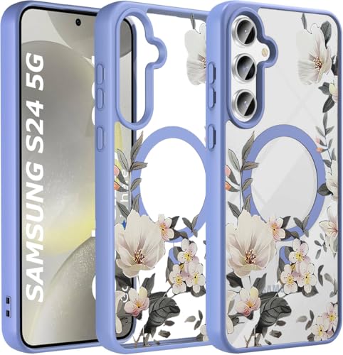 Image of VONZEE Compatible with Samsung S24 5G Case Luxury Retro Flowers Floral Clear for Magnetic Wireless Charging Case Shockproof Case PC+TPU Cute Glossy Shiny Cover for Girls Women|Official Blue