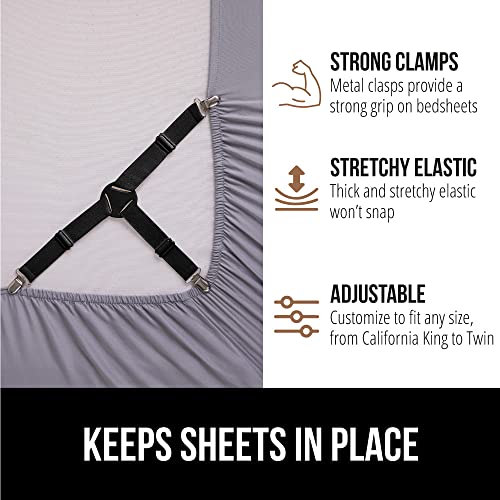 Image of GORILLA GRIP Patent Pending Bed Sheet Holders, Adjustable Elastic Fasteners with Metal Clips, Keep in Place Fitted Bedding Straps, Firm Tight Suspenders for Mattress, US Designed, 8 Pack Black