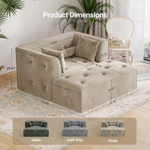Image of Claiks 62 inch Chaise Lounge Chair Indoor, Oversized Upholstered Boneless Sofa Bed, Deep Seat Sleeper Couch with Pillows, Ottoman and Armrest, Cloud Sofas Reading Chair for Living Room, Khaki