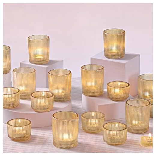 NITIME 20pcs Ribbed Gold Votive Candle Holders, Assorted Tea Light Candle Holder Glass for Wedding Table Decor, Gold Candle Holders for Table Centerpieces, Diwali, Brithday, Party and Holiday Decor
