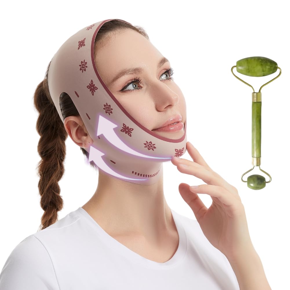 Reusable V Line Lifting Mask with Jade Roller for Face Chin Strap for Double Chin for Women Jawline Shaper Face Mask Face Lifting Strap Jaw Exerciser – Pink Reusable V Line Lifting Mask with Jade Roller for Face Chin Strap for Double Chin for Women Jawline Shaper Face Mask Face Lifting Strap Jaw Exerciser – Pink
