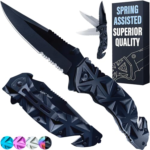 GOOD WORKER Tactical Pocket Knife for Men - Serrated Sharp 3.5' Blade - Spring Assisted Folding Knives - Hunting Camping with Wire Cutter Glass Breaker - Best Gift Idea for Men Women HB 207