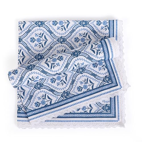 Image of FINGERCRAFT Table Napkins Set of 12 Cotton Linen Fabric with Classic Lace 20x20 Inch (50cmx50cm) Dinner Napkin Durable and Good Absorbency for Home, Hotels, Parties (Blue Damask)