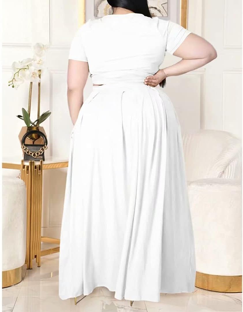 Womens Plus Size 2 Piece Dress Outfits Short Sleeve Bandage Wrap Empire Crop Tops and Skirt Sets - Image 5