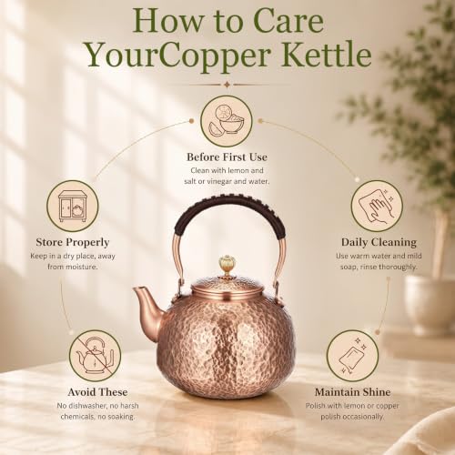 Image of Handmade Hammered Copper Tea Kettle for Stove Top, 2200 Ml / 2.3 Qt