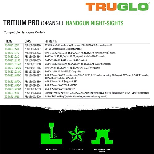 Image of TRUGLO Tritium Pro Night Sights, Compatible with Glock Handgun Models | Compact Durable Glow-in-The-Dark Front & Rear Gun Sight Set with Focus Lock Front Ring