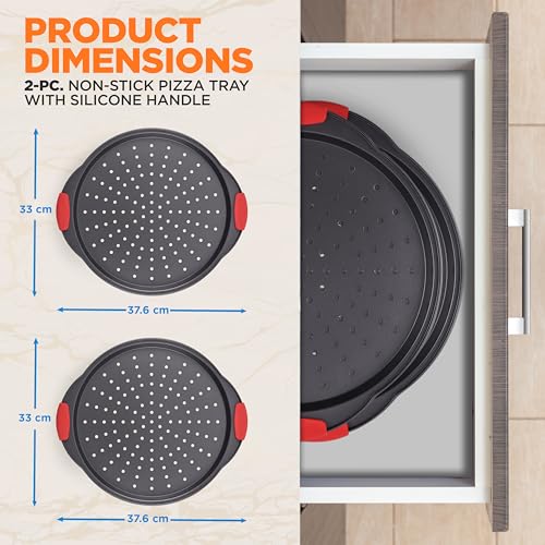 NutriChef 2-Pc. Non Stick Pizza Tray - with Silicone Handle, Round Steel Non-Stick Pan with Perforated Holes, Dishwasher Safe, Pizza Tray with Silicone and Oversized Handle, PFOA, PFOS, PTFE Free - Image 3