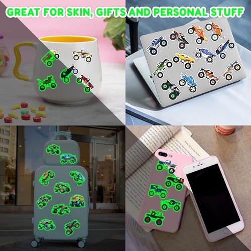 Image of 96 PCS Monster Truck Pre-Cut Luminous Glow in the dark Temporary Tattoos | Super Cute Themed Birthday Party Favors Supplies Decorations, Race Car Fake Tattoos for Kids Rewards & Gifts for Boys Girls