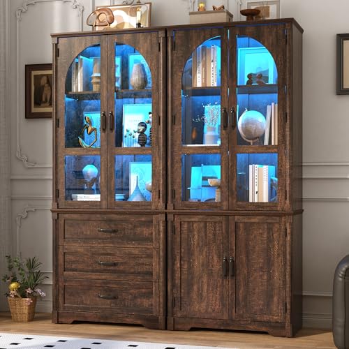 Image of 75 inch Tall Farmhouse Kitchen Pantry Cabinet with LED Lights,4 Doors Wood Storage Cabinet w Arched Glass Doors /Drawers,Pantry Organizers and Storage,Rustic Wood Cupboard for Kitchen,Dining Room(Brown)
