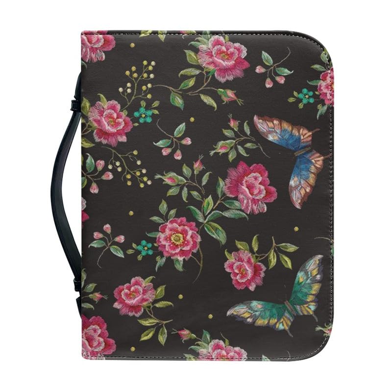Garronmavis Butterfly Peony Bible Cover for Women, Retro Papilio Flower Zippered Bible Carrying Case, Floral Art Bible Carrier - L — image 1