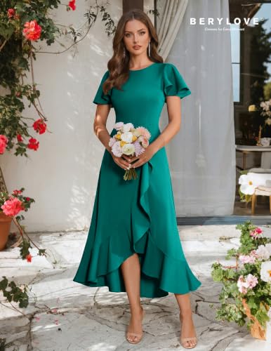 Image of BeryLove Women Formal Party Dress Flutter Short Sleeve Wedding Cocktail Long Evening Dress