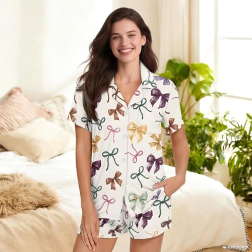 Image of Renewold Button Down Womens Pajama Set Short Sleeve Loungewear Bow Nightwear Sleepwear Night Suit Tops Shorts 2 Pieces