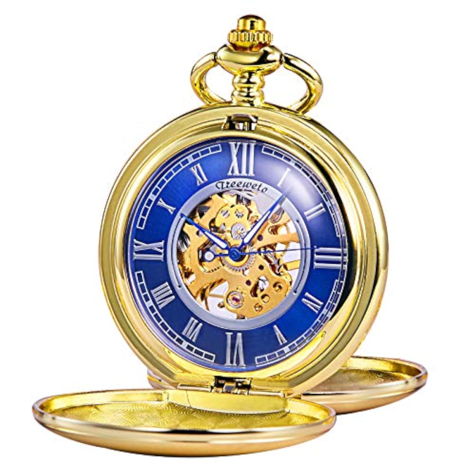 Men's Vintage Antique Double Hunter Pocket Watch, Golden Blue