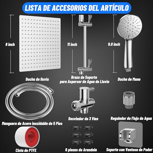 Image of Jasinber 8 inch High Pressure Rainfall Bath Showers /Handheld Shower Head with 11'' Extension Arm Adjustable Shower Head with Bracket 1.5m Hose (Chrome)