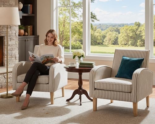Image of Farmhouse Striped Accent Chair for Living Room Set of 1, Linen Fabric Modern Comfy Armchairs with Cushion, Upholstered Striped Reading Chairs for Bedroom Couch Chair with Wood Legs, Khaki