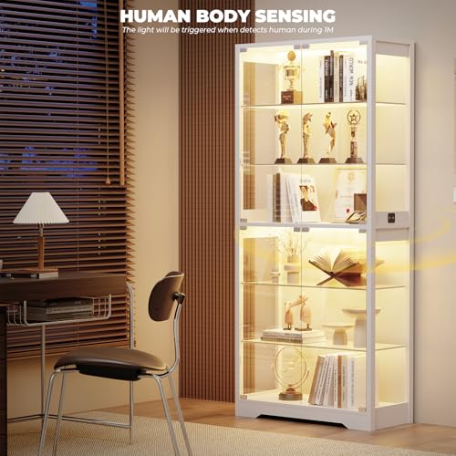Image of BROTTAR 6-Tier 71 inch Display Cabinet with Glass Door, Curio Cabinet with 3 Color Lights for Collectibles, Display Case with Adjustable Glass Shelves, Human Body Sensor, Storage Cabinets, White