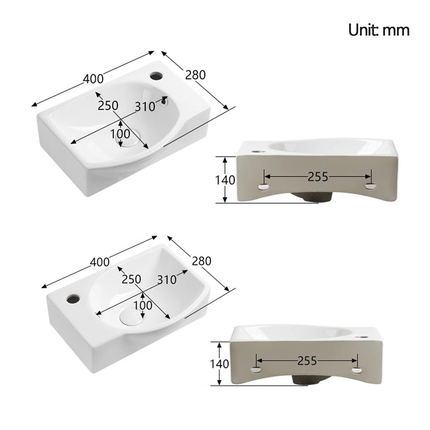 Lavabo Cerámico Compacto - Lavamanos De Esquina Pequeño para Espacios Reducidos. Instalación En Pared O Encimera. Incluye Manguera De Desagüe.Modelo A - Juego De Grifos Blancos