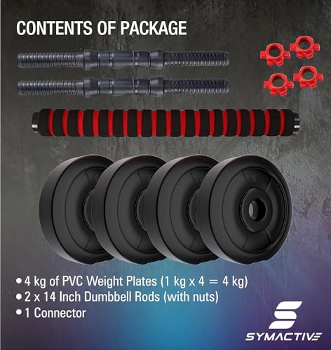 Image of Amazon Brand - Symactive 3-in-1 Convertible Dumbbell Set | 1 Kg x 4 PVC Weight Plates | 14'' Dumbbell Rods Pair & Nuts | 1 Cushioned Connector Rod | PVC | Black