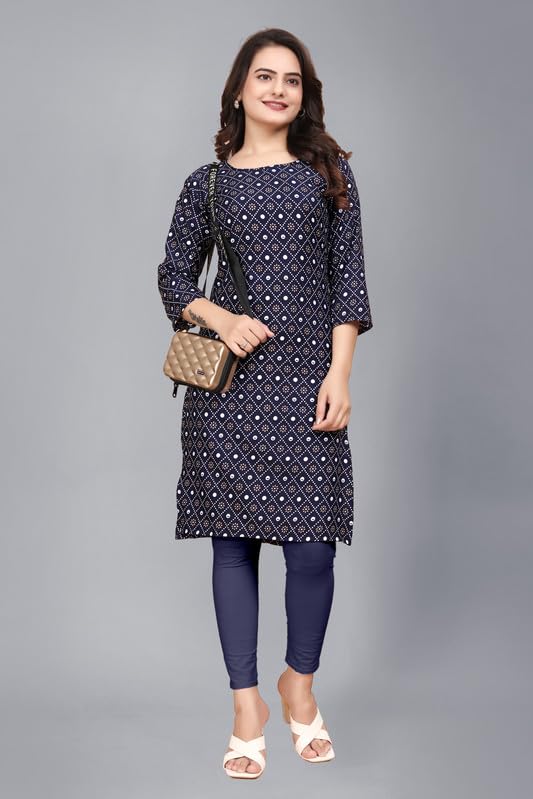 Image of Womens Crepe Kurti | Straight Fit | Knee-Length | Crew Neck | 3 /4 Sleeves | Casual & Office Wear