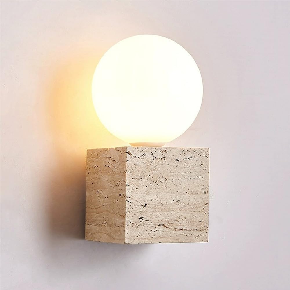ITOSUI Natural Travertine Wall Sconce with Milk Glass Globe, Modern Organic Stone Block Lamp for Bedside, Minimalist Zen Wall Light for Vanity & Foyer, G9 Art Fixture