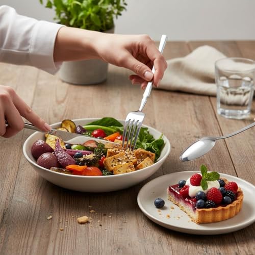 Image of Elegant Handle Silver 20 Pcs Heavy Duty Stainless Steel Cutlery Set for Dining Table (4 pcs Spoon Set+4 pcs Forks Set+4 pcs Butter Knife+4 pcs Dessert Spoon+ 4 Pcs Fuit Fork for Kitchen)