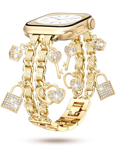 Image of Slim Gold Metal Band Compatible with Apple Watch Bands for Women 38mm 40mm 41mm 42mm 44mm 45mm 46mm, Dressy Designer Charm Bracelet Thin iWatch Bands for SE 3 2 1 Series 11 10 9 8 7 6 5 4 3 2