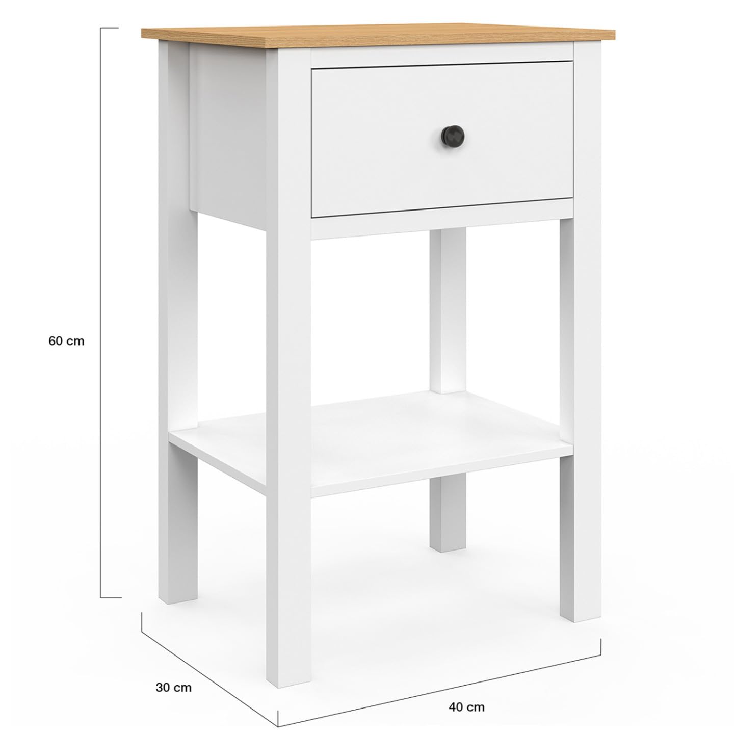 IDMarket – Juego de 2 mesillas de noche Achille con 1 cajón, 1 estante y bandeja, color blanco y tablero de madera