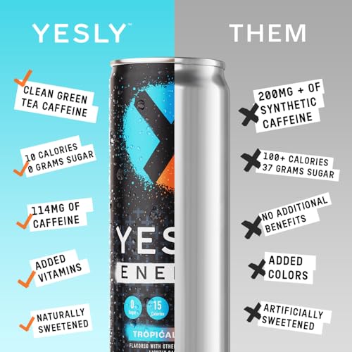 Image of Yesly Energy Drink, Tropical Punch, Naturally Flavored Sparkling Energy Drink With Electrolytes, Magnesium, Potassium, Vitamin C, B6 & B12, Natural Caffeine From Green Tea, 12 Fl Oz Cans, 12 Pack