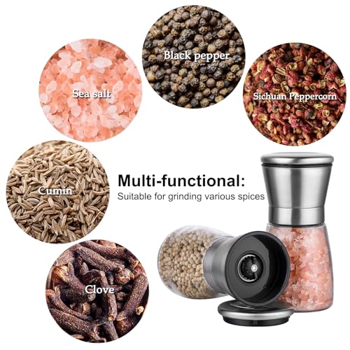 Image of 2 Pack Salt and Pepper Grinder Set, Manual Black Pepper Mill Refillable & Adjustable Coarseness, Salt Shaker for Seeds, Kitchen (Spices not Included)
