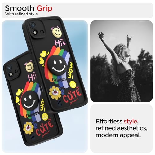 Image of Pikkme Back Cover for Realme C20 | Soft Silicone| Cute Rainbow Smile & 3D Cartoon Flower Design | Shockproof Raised Camera Protection Bumper Case (Black)