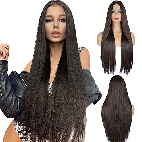 HMD Dark Brown Wigs for Women Long Straight Wig 30 Inches Middle Part Wig Long Synthetic Wig for Daily Wear (Dark brown)