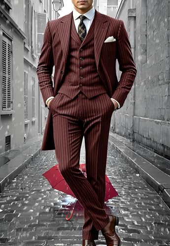 VENNYNG Men's Stripes Suit Peak Lapel 3 Pieces Long Jacket Pants Vest Set Male Formal Wedding Party Set4