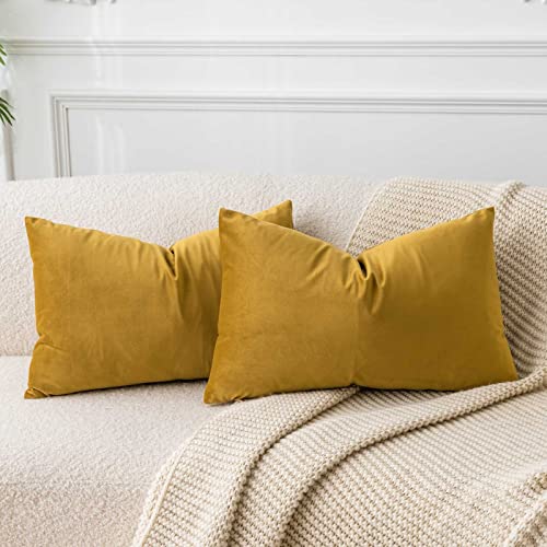 Image of JUSPURBET Couch Pillow Covers Set of 2 Decorative Velvet Throw Pillow Covers for Living Room Bedroom Home Decor Soft Lumbar Cushion Covers with Hidden Zipper for Sofa Bed,Mustard Yellow,14x24 inch