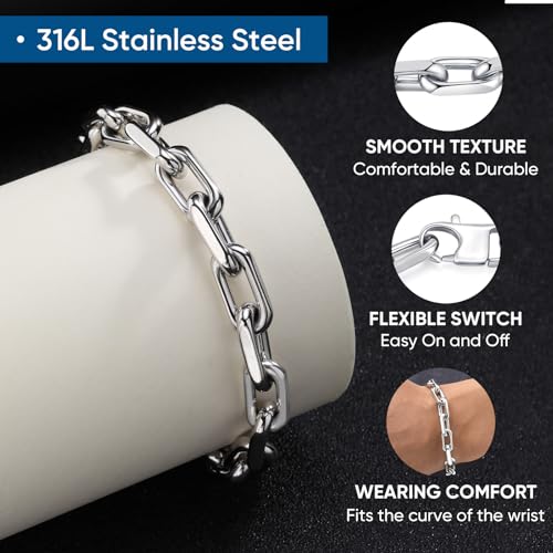 Stainless Steel Link Chain Bracelet for Men - Trendy Mens Bracelets Chunky Cuban Paperclip Solid Link Chain Wrist Bracelet Classic Simple Oval Stacking Layered Thick Large Jewelry Gifts for Men4