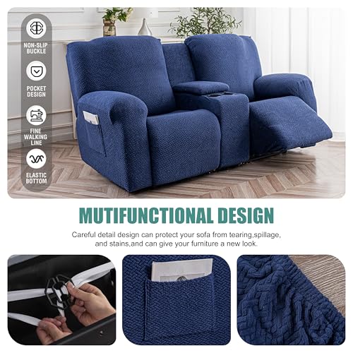 Image of Genina Recliner Loveseat Covers with Console, Stretch Reclining Sofa Covers, 2 Seater Couch Cushion Stripe Jacquard Recliner Slipcovers - Furniture Protector Covers for Pet Kid (Navy Blue)