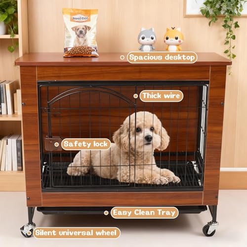 Hundekäfig Möbel, 78cm Moderner Holz-Hundebox Indoor, Multifunktionaler Hundehaus für Zuhause mit Laufrollen & Abnehmbarer Schale, Geeignet für kleine/mittelgroße Hunde, 78x55x73 cm, Vintagebraun