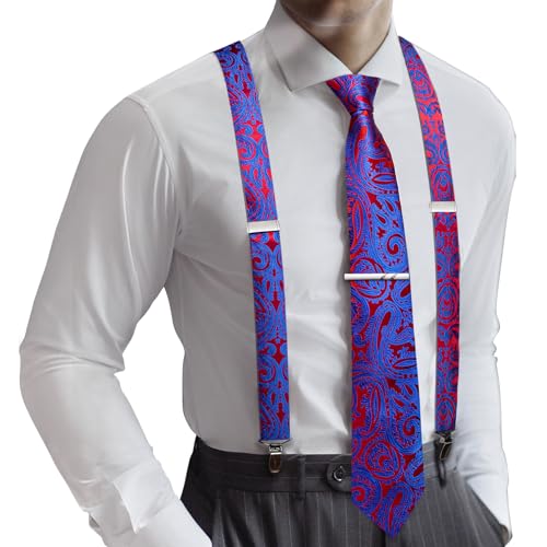 Image of Barry.Wang Men Suspender Set with Necktie Elastic Y Type Heavy Duty 6 Clips Braces Tie Handkerchief Cufflink Pin 6PCS