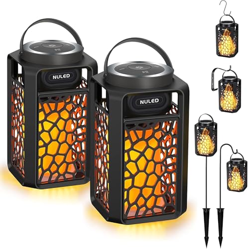 Nunet 2Pack Outdoor Bluetooth 5.1 Speakers LED Flame Speakers 10W TWS Tiki Torch Atmosphere Lantern Waterproof Wireless Portable Sound System Wall Mounts Shepherd's Hooks for Patio/Yard