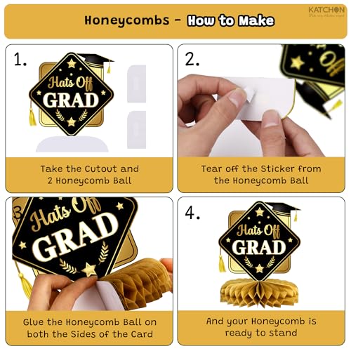 Image of Graduation Decorations 2026 | Black and Gold Graduation Centerpieces For Tables 2026 - Pack of 12 | Congrats Grad Honeycomb Centerpieces | Graduation Centerpieces 2026 | KatchOn