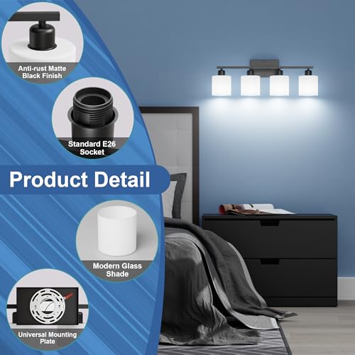 Image of 24 Inches Black Vanity Lights for Bathroom E26 Base White Lampshape